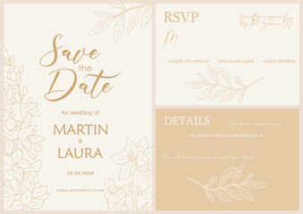 Wall Mural - Elegant Wedding Invitation, Save the Date template. Minimalist botanical Wedding invitation card with trendy botanical line art wild flowers, leaves. Vector illustration in neutral golden beige colors