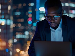 Wall Mural - African American young businessman working alone at night in office workplace.