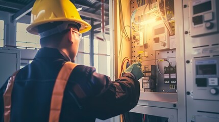 Poster - factory electrical panel during inspection, close-up, no humans, circuit integrity check, bright ove