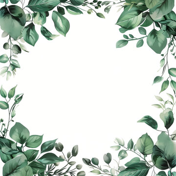 Create an elegant border design for an invitation card of dark green foliage. The background should be white. The overall feel should be one of timeless romance and sophisticated charm