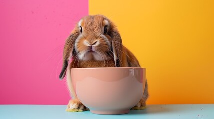 Wall Mural - Cute lop ear rabbit, sitting behind food bowl with mouth little open isolated on colorful background