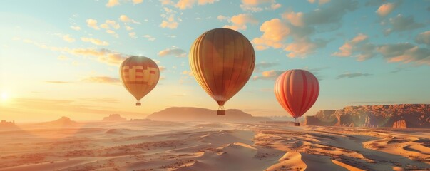 Hot air balloons rising over a serene desert landscape at sunrise, 4K hyperrealistic photo.