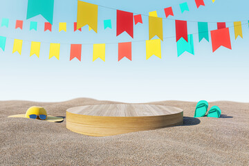 Poster - Creative beach image with wooden mock up pedestal, various objects, sand and blue sky. Summer and holiday concept. 3D Rendering.