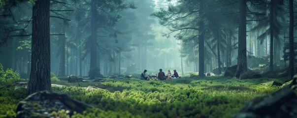 Poster - Misty forest clearing with a group of friends enjoying a picnic, 4K hyperrealistic photo