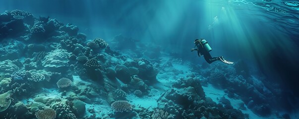 Wall Mural - Underwater scene with a diver exploring a coral reef, 4K hyperrealistic photo