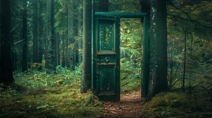 Wall Mural - Door in the forest. Background illustration generated by ai