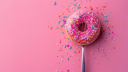 Donut covered whit colorful crumbs on fork isolated on colorful background