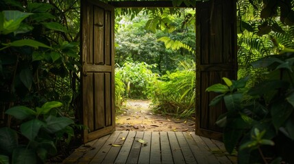 Wall Mural - Door in the forest. Background illustration generated by ai