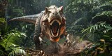 a image of a dinosaur with its mouth open in the jungle