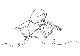 Beautiful woman play violin continuous line drawing. Music orchestra concept.