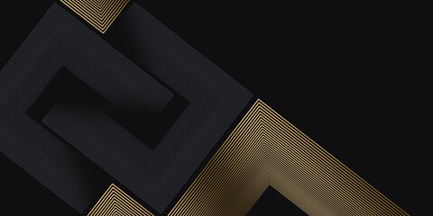 Wall Mural - Black abstract background with glowing golden geometric lines. Luxury dark diagonal rounded lines pattern. Elegant design