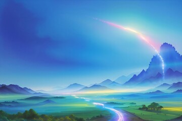 Wall Mural - a vibrant rainbow arcs gracefully across a mountainous landscape, sunlight breaking through the clou