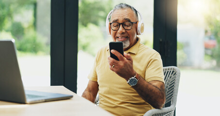 Poster - Senior man, headphones and streaming music on phone, playlist and subscription at home for audio. Elderly person, laptop and reading news on mobile app, podcast and hip hop song for weekend fun