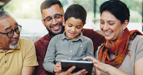 Wall Mural - Happy family, kid and tablet on sofa for games, fun or bonding with grandparents in living room. Father, senior people or child on digital technology for video, education or elearning support at home