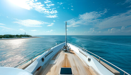 Wall Mural - view from the front of the deck of a docked yacht off the beaches, sunny daytime sky, calm blue water