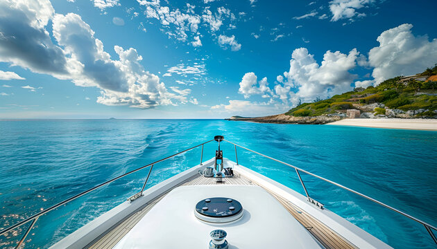 view from the front of the deck of a docked yacht off the beaches, sunny daytime sky, calm blue water