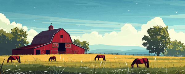 Wall Mural - A serene countryside barn with horses grazing in the pasture. Vector flat minimalistic isolated illustration.