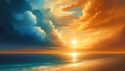 Wall Mural - A serene sunset by the sea with the sky displaying shades of Sandy Brown, Xanthous, Vanilla and blue