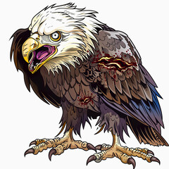 Wall Mural - Eagle Walking Dead monster on white background. Scary Eagle Zombie cartoon