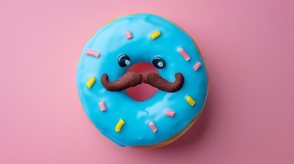 Flying blue doughnut with funny face with mustache isolated on colorful background