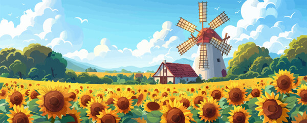 Wall Mural - Quaint countryside windmill with a field of sunflowers Vector flat minimalistic isolated illustration