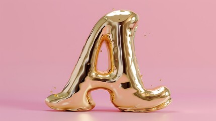 Wall Mural - Stylish alphabet letter A shiny gold liquid drip on pink background