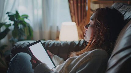 A woman relaxes on the couch while using her tablet, its empty screen facing the viewer.