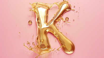 Wall Mural - Stylish alphabet letter K shiny gold liquid drip on pink background