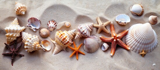 Wall Mural - Assortment of seashells and starfish on sandy beach