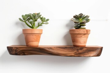 Two floating shelves made of solid walnut wood, each holding one potted plant against white wall background.