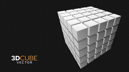 Leinwandbilder - 3D White Cube of Cubes in Perspective. Flying Cubes On A Transparent Background. Vector Illustration For Advertising.