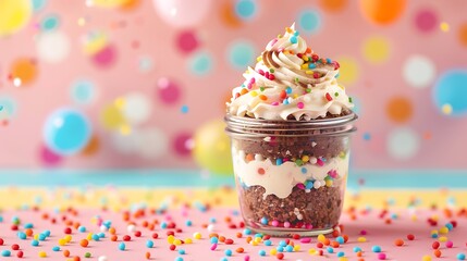 Tasty cake in a jar on colorful background with polka dots