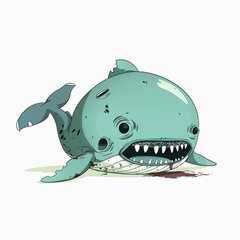Wall Mural - Whale Walking Dead monster on white background. Scary Whale Zombie cartoon