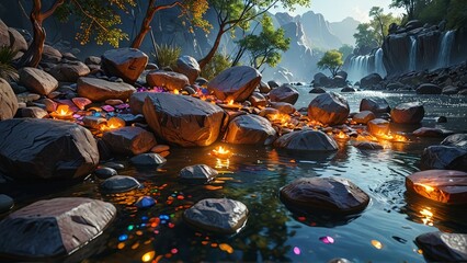 Canvas Print - Magical River with Glowing Stones.