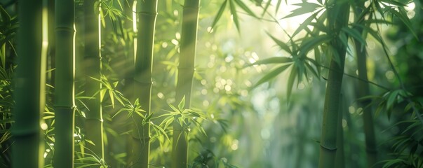 Wall Mural - Dense bamboo forest with sunlight filtering through the stalks, 4K hyperrealistic photo