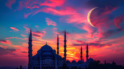 Wall Mural - Silhouette of mosque with crescent moon and colorful sky at sunset background, representing the beauty and tranquility of Islamic architecture and spirituality.