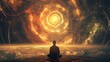 © Farm - The image is a depiction of a person sitting in a meditative pose in front of a glowing portal.