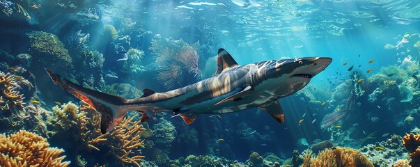 Poster - Majestic oceanic whitetip shark patrolling the reef, 4K hyperrealistic photo