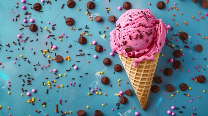 Wall Mural - Top view of delicious sweet pink ice cream in waffle cone with chocolate sprinkles placed isolated on colorful background