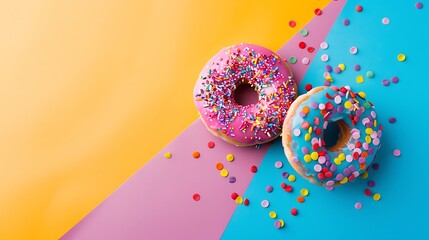 Wall Mural - Two colorful frosting fried donuts on isolated on colorful background