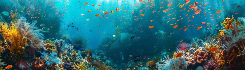 Wall Mural - Stunning underwater scene featuring vibrant coral reefs and diverse marine life in a crystal-clear ocean. Perfect for ocean and nature themes.