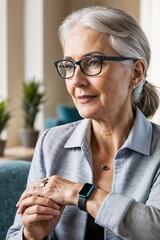 A woman with glasses and a wearable device displaying health metrics designed to monitor the wellbeing of elderly users is sitting on a couch