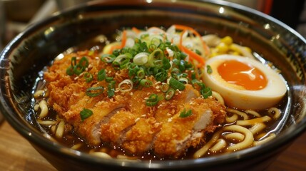 Wall Mural - Savory Fried Chicken Ramen Bowl with Egg, Vegetables, and Rich Broth