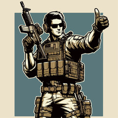 Wall Mural - Soldier give a thumbs up. vector illustration.