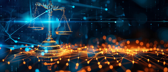 Glowing justice scale on virtual screen with binary code network connections in background virtual compliance, digital internet
