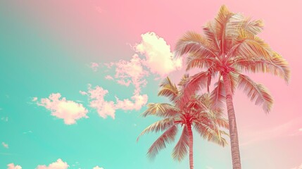 Wall Mural - Coconut palm trees on pink sky background. Vintage toned	
