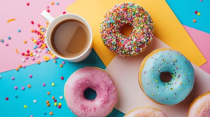 Wall Mural - yummy colorful donuts and coffee cup isolated on colorful background