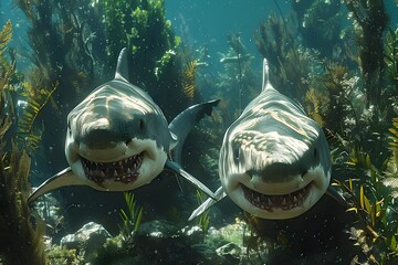 Wall Mural - Underwater Encounter with Great White Sharks in a Vibrant Coral Reef - Marine Life Adventure