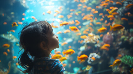 Wall Mural - Asian child looking at colorful fish in an aquarium