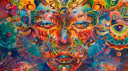 Wall Mural - Ayahuasca compilation.Shamanic meditation Oil color painting. Generative AI.